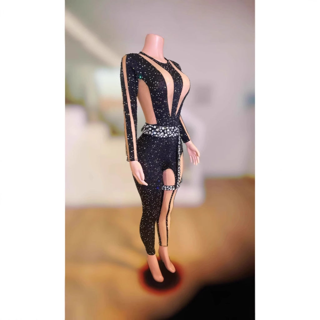 Full Diamond Black Tight Rhinestone Jumpsuit Nightclub Bar Singer Dance Gogo Performance Costume