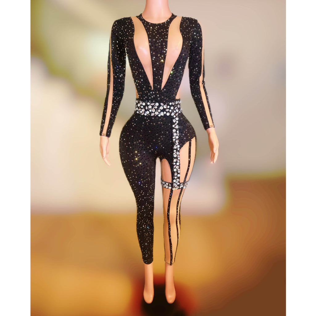 Full Diamond Black Tight Rhinestone Jumpsuit Nightclub Bar Singer Dance Gogo Performance Costume