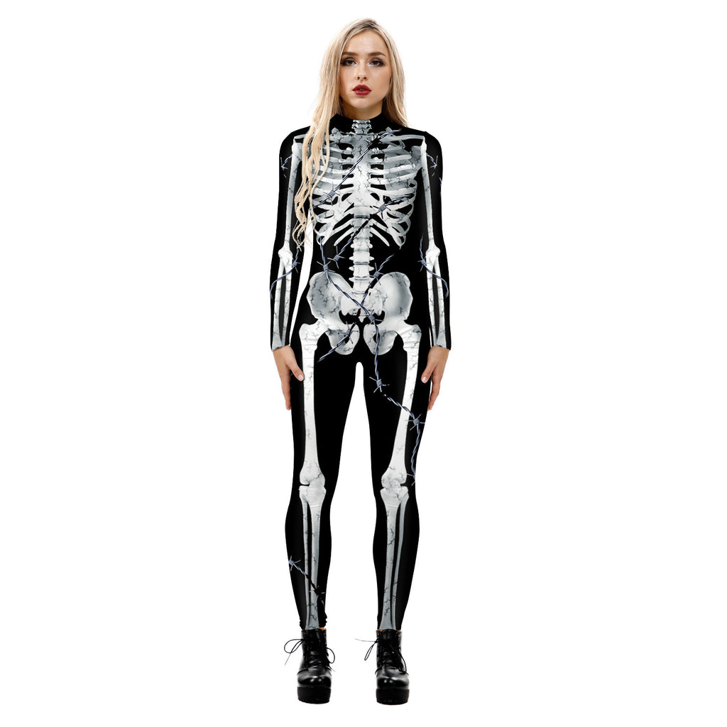 Cross-border popular skeleton ghost clothing 3D digital printing Halloween cosplay play clothing women's tight jumpsuit