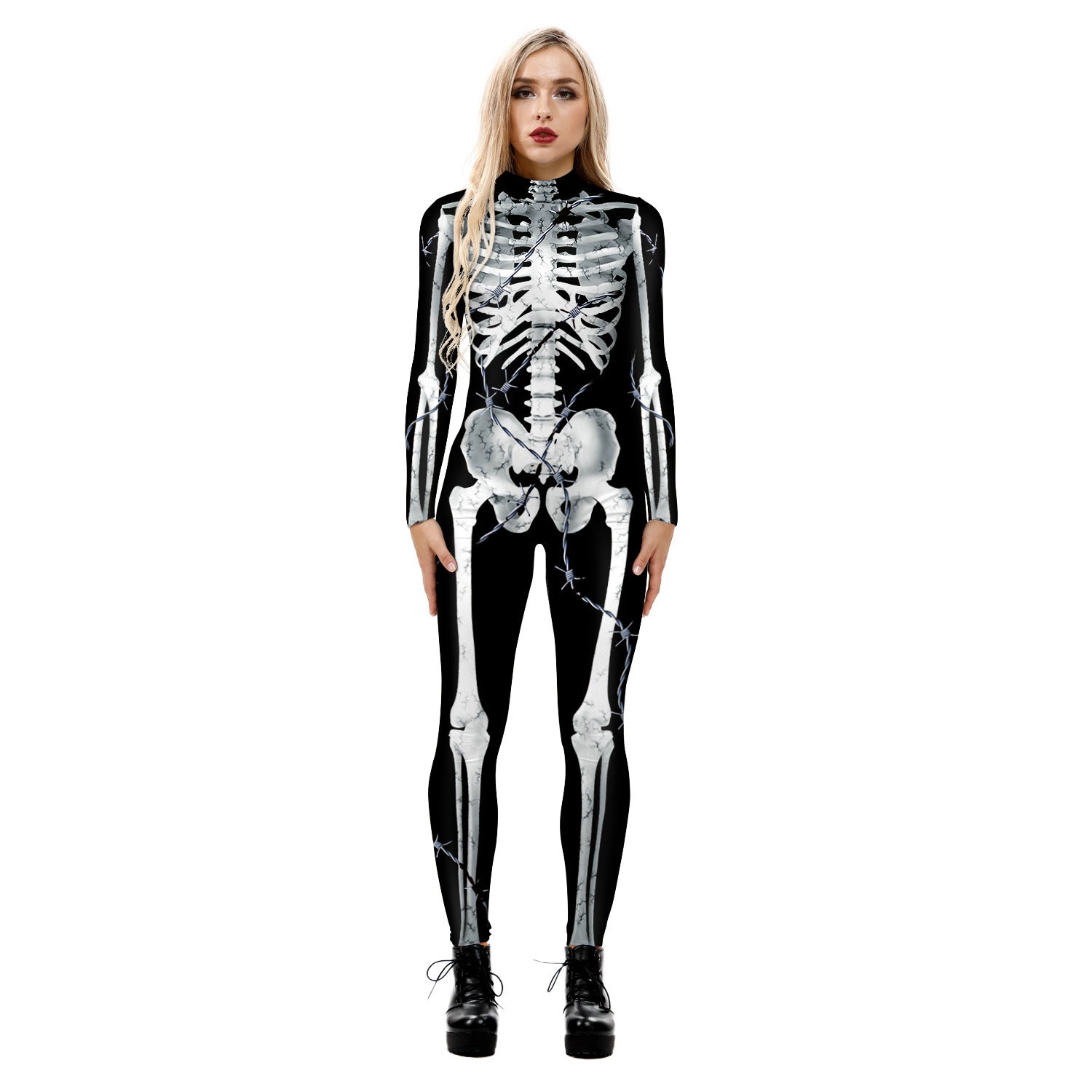 Cross-border popular skeleton ghost clothing 3D digital printing Halloween cosplay play clothing women's tight jumpsuit