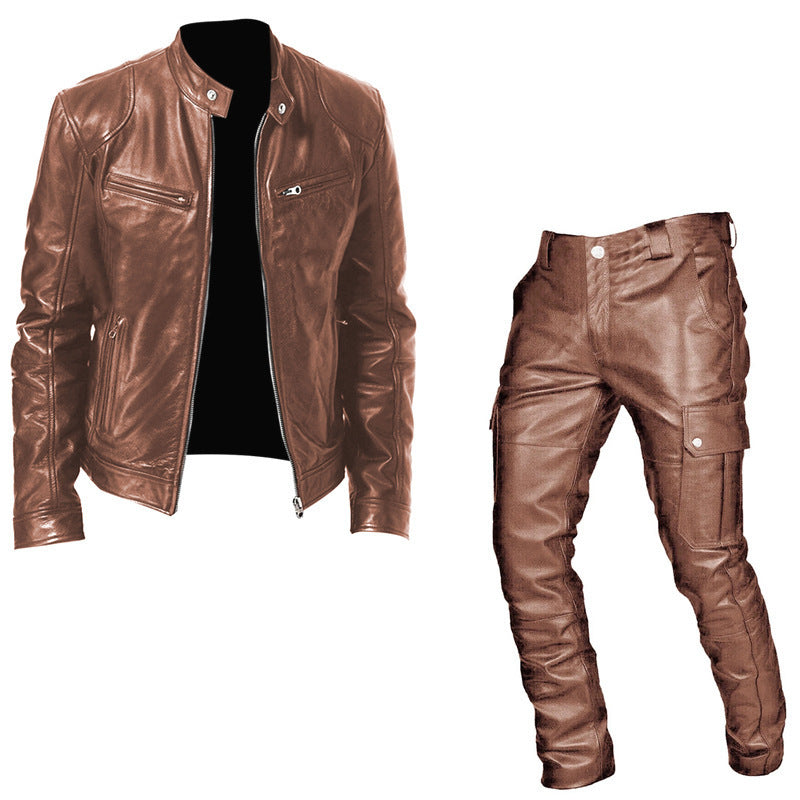 Foreign Trade Autumn and Winter Men's Cosplay Suit Leather Jacket and Leather Pants Two-Piece Set Pu Leather Casual Suit Medieval Clothing