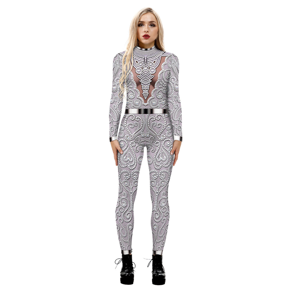 Cross-border popular skeleton ghost clothing 3D digital printing Halloween cosplay play clothing women's tight jumpsuit