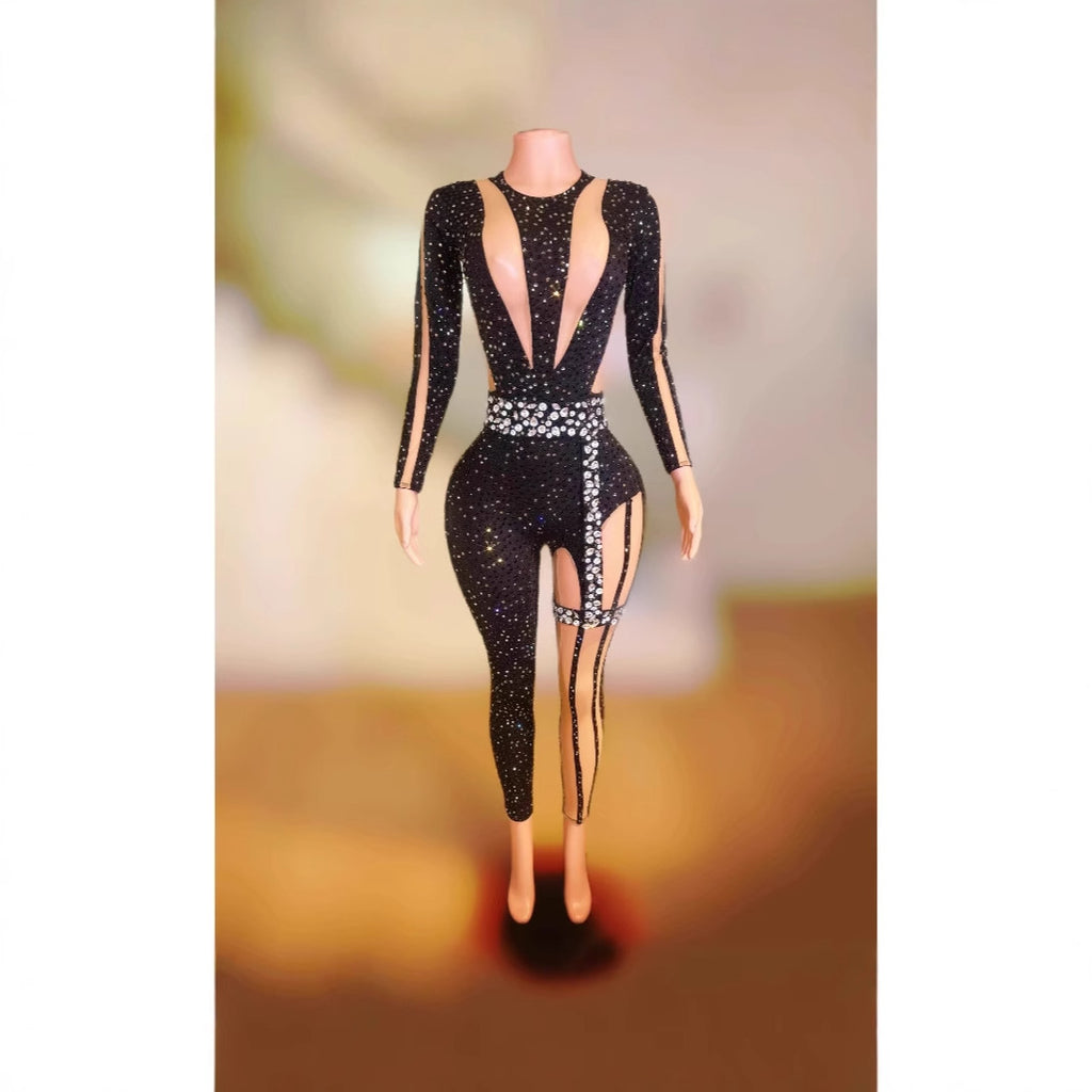 Full Diamond Black Tight Rhinestone Jumpsuit Nightclub Bar Singer Dance Gogo Performance Costume