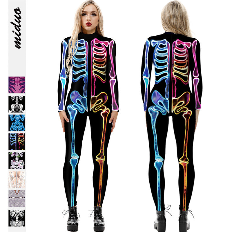 Cross-border popular skeleton ghost clothing 3D digital printing Halloween cosplay play clothing women's tight jumpsuit