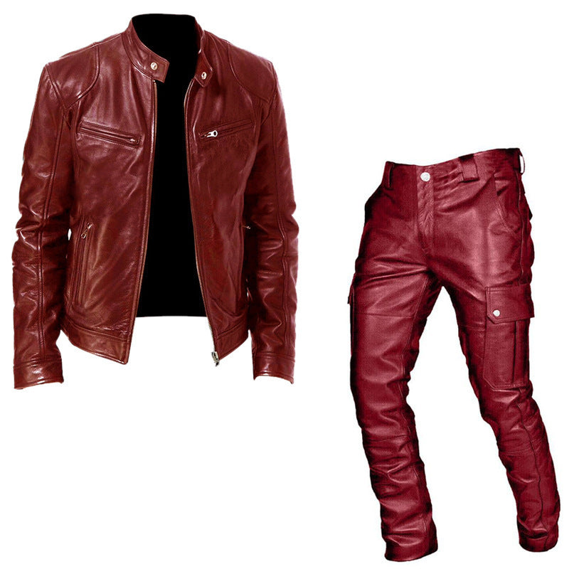 Foreign Trade Autumn and Winter Men's Cosplay Suit Leather Jacket and Leather Pants Two-Piece Set Pu Leather Casual Suit Medieval Clothing