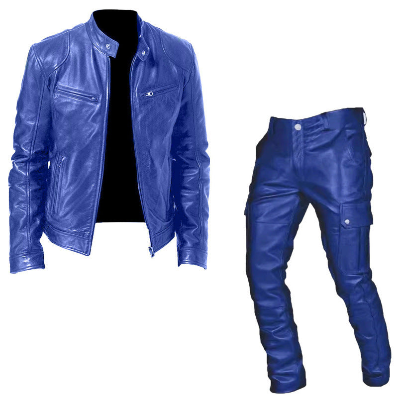 Foreign Trade Autumn and Winter Men's Cosplay Suit Leather Jacket and Leather Pants Two-Piece Set Pu Leather Casual Suit Medieval Clothing