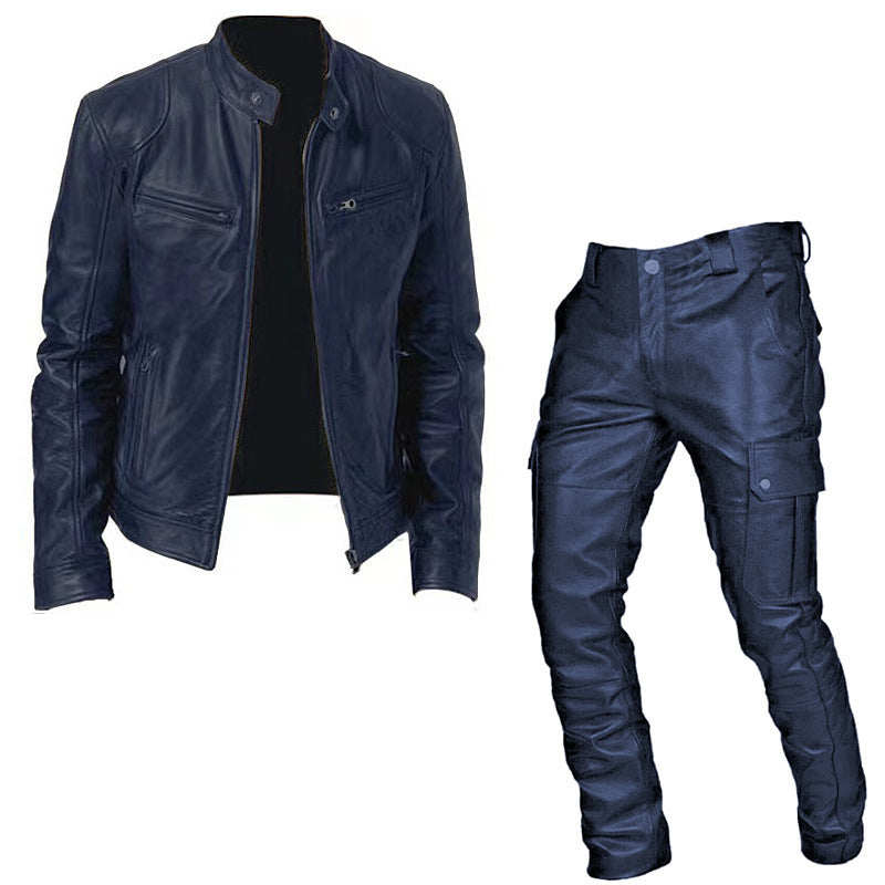Foreign Trade Autumn and Winter Men's Cosplay Suit Leather Jacket and Leather Pants Two-Piece Set Pu Leather Casual Suit Medieval Clothing
