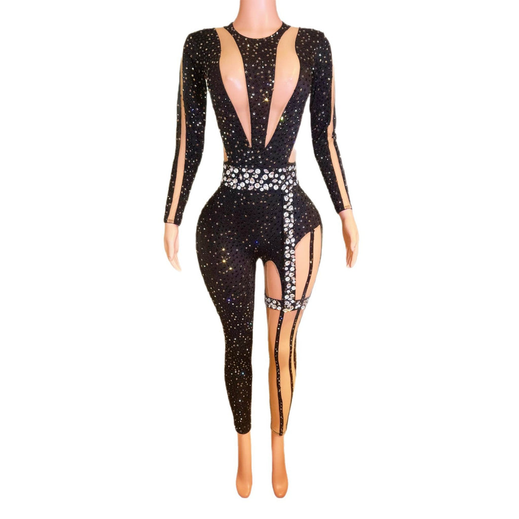 Full Diamond Black Tight Rhinestone Jumpsuit Nightclub Bar Singer Dance Gogo Performance Costume