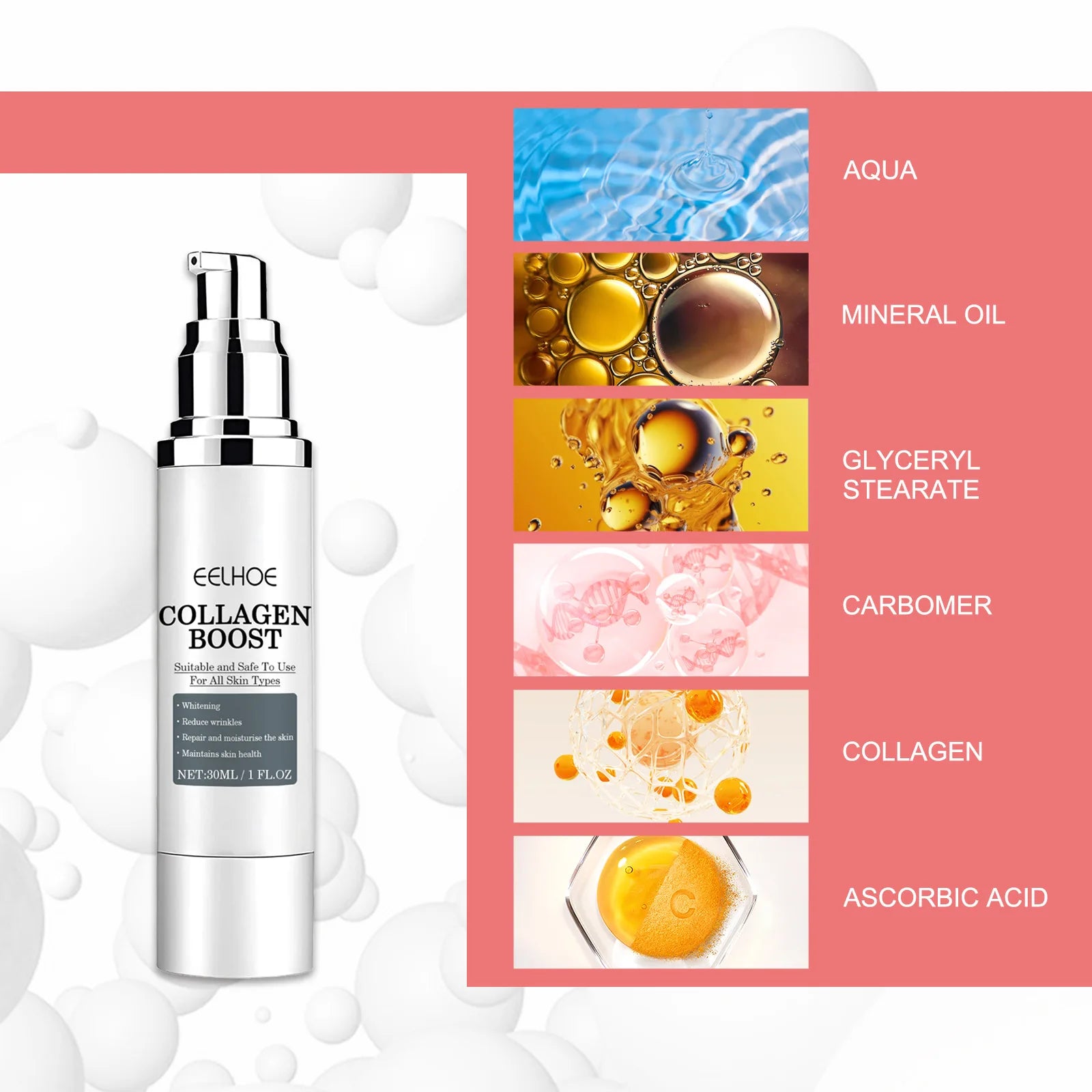 Collagen Boost Serum Whitening Anti-Wrinkle Reduce Fine Lines Deep Moisturizing Repair Maintain Healthy Facial Care 30ml